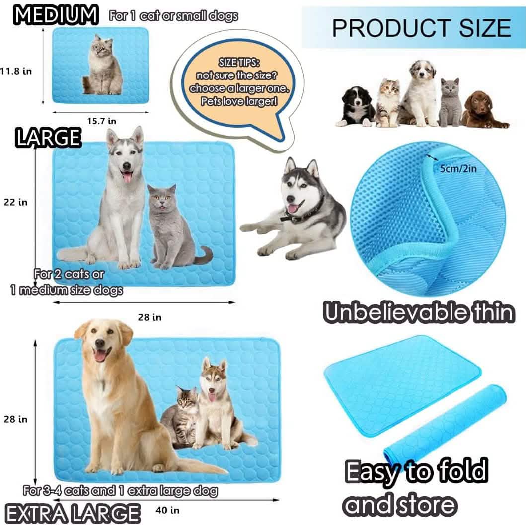 Blue washable cooling dog mat folded for storage, sizes shown
