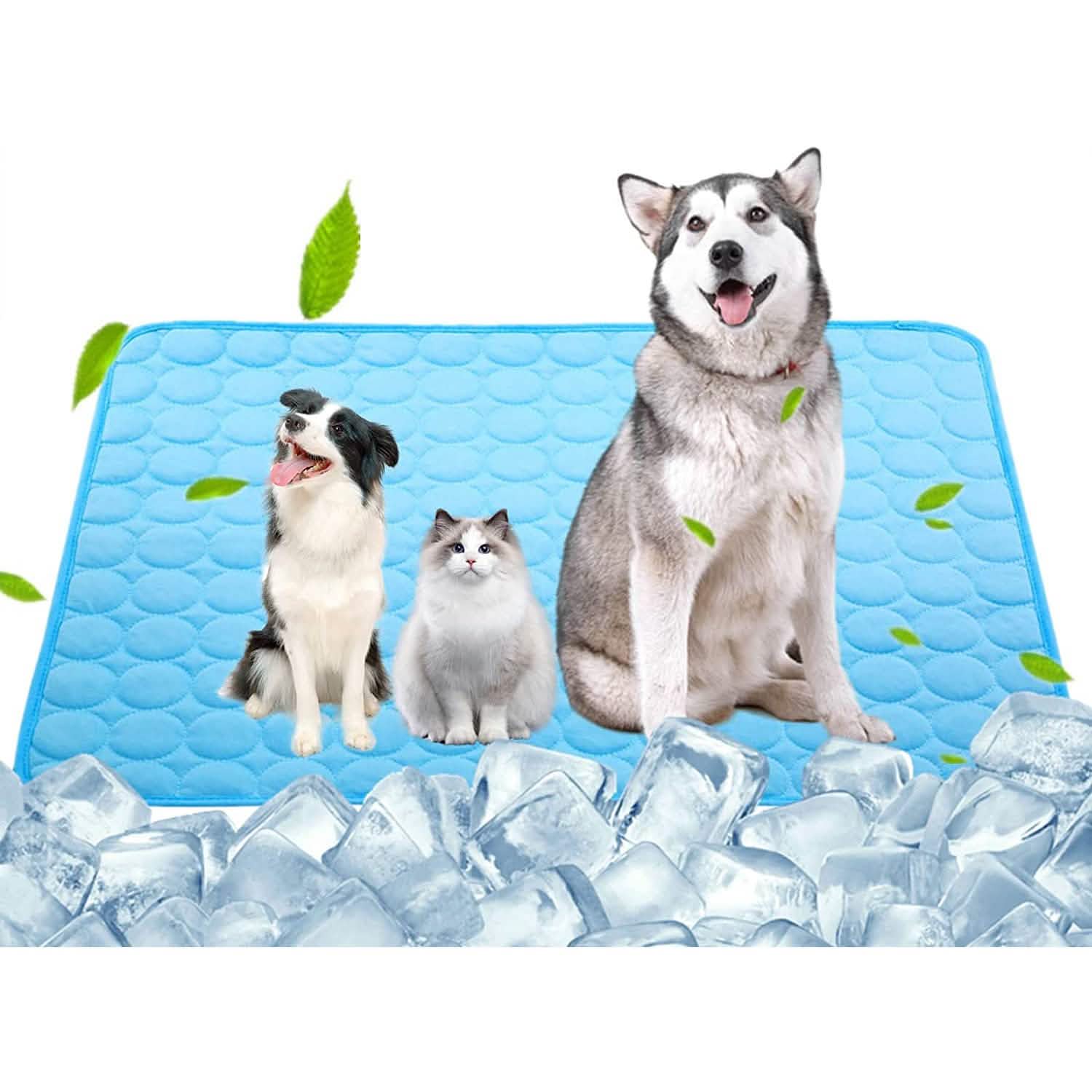 Light blue cooling dog mat with quilted bubble-texture surface