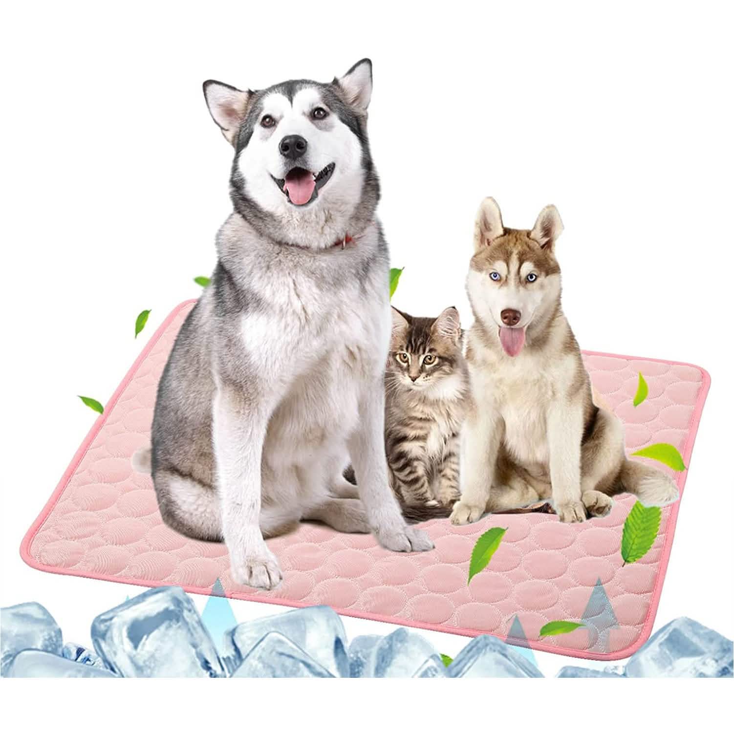 Pink cooling dog mat with quilted bubble-texture surface