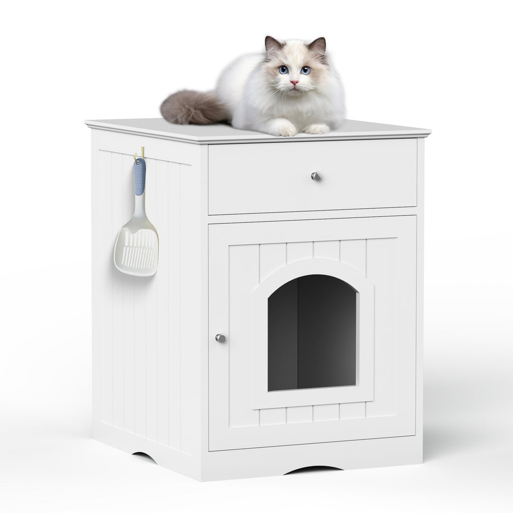 White wooden cat litter box enclosure with arched front doorway and closed top