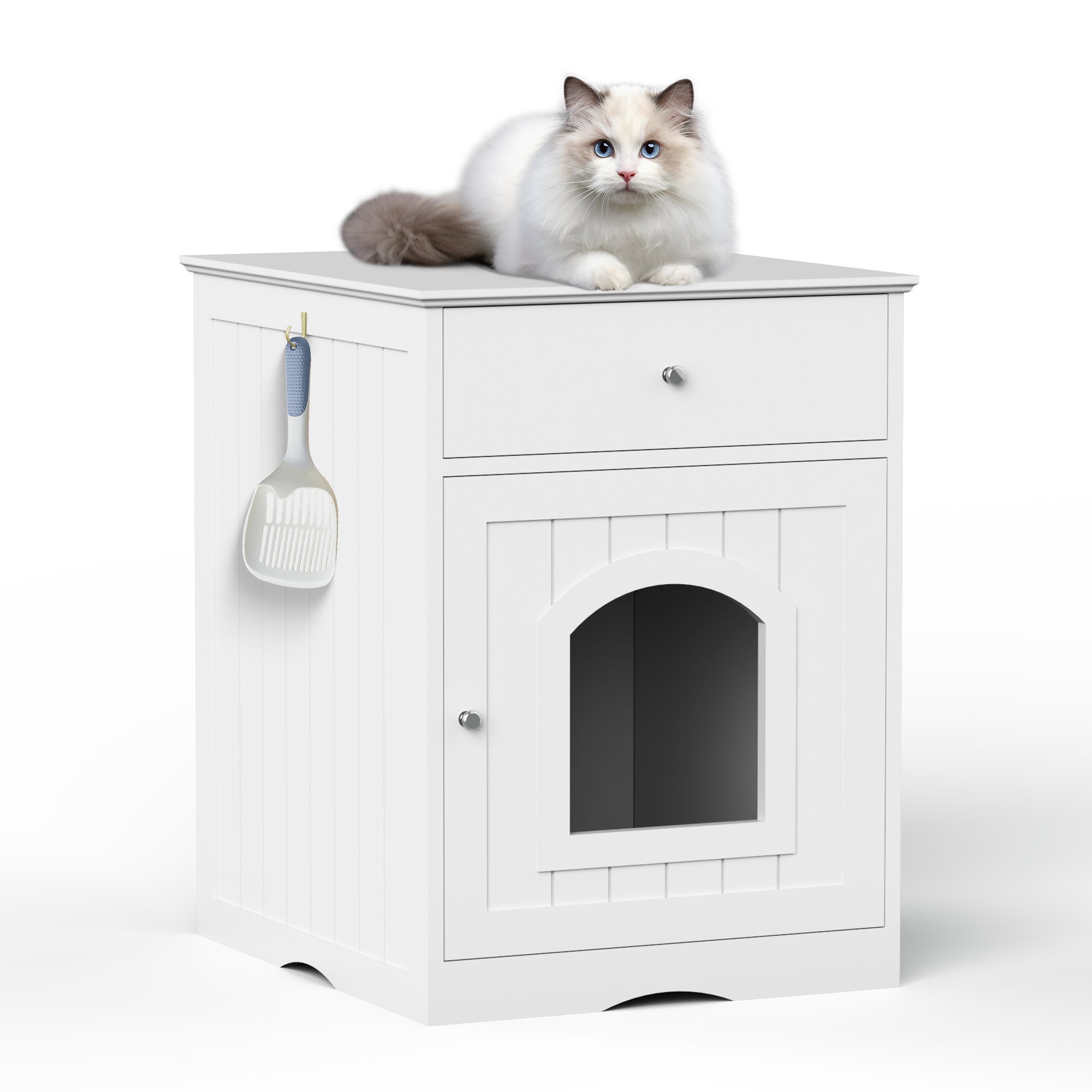 White wooden cat litter box enclosure with arched front doorway and closed top