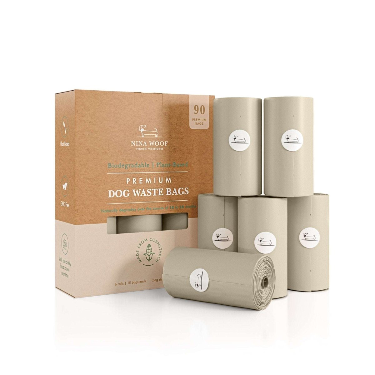 Biodegradable dog waste bags set with kraft box, grey rolls, and a flat bag roll.