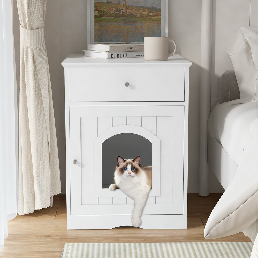 White wooden cat litter box enclosure with arched front opening and top drawer