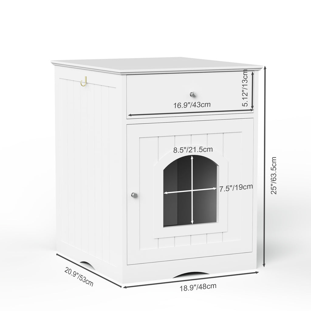 White wooden cat litter box enclosure with arched front door and labeled dimensions