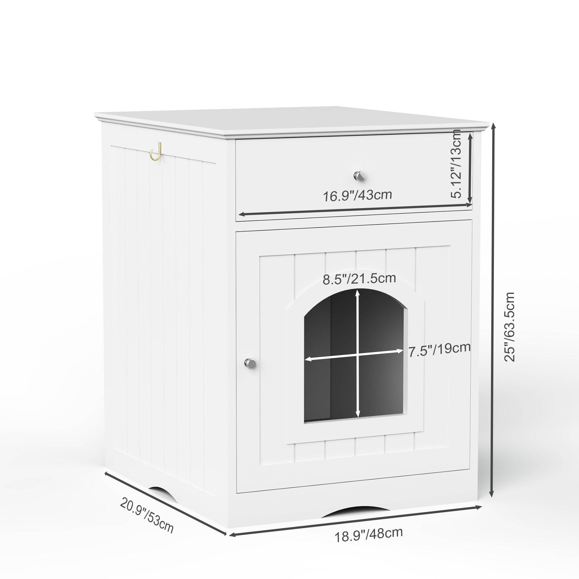 White wooden cat litter box enclosure with arched front door and labeled dimensions