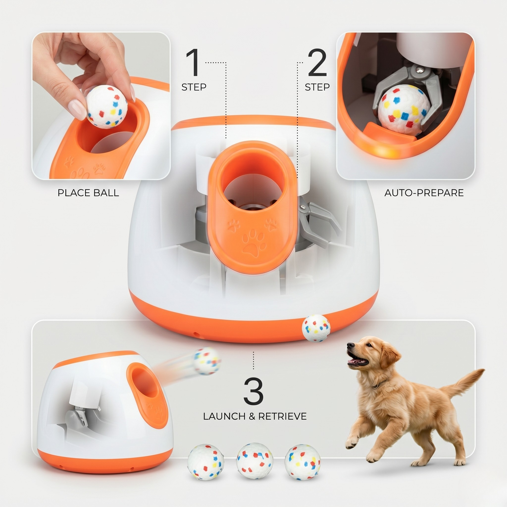 Automatic dog ball launcher steps showing ball placement, auto-prepare, and launching
