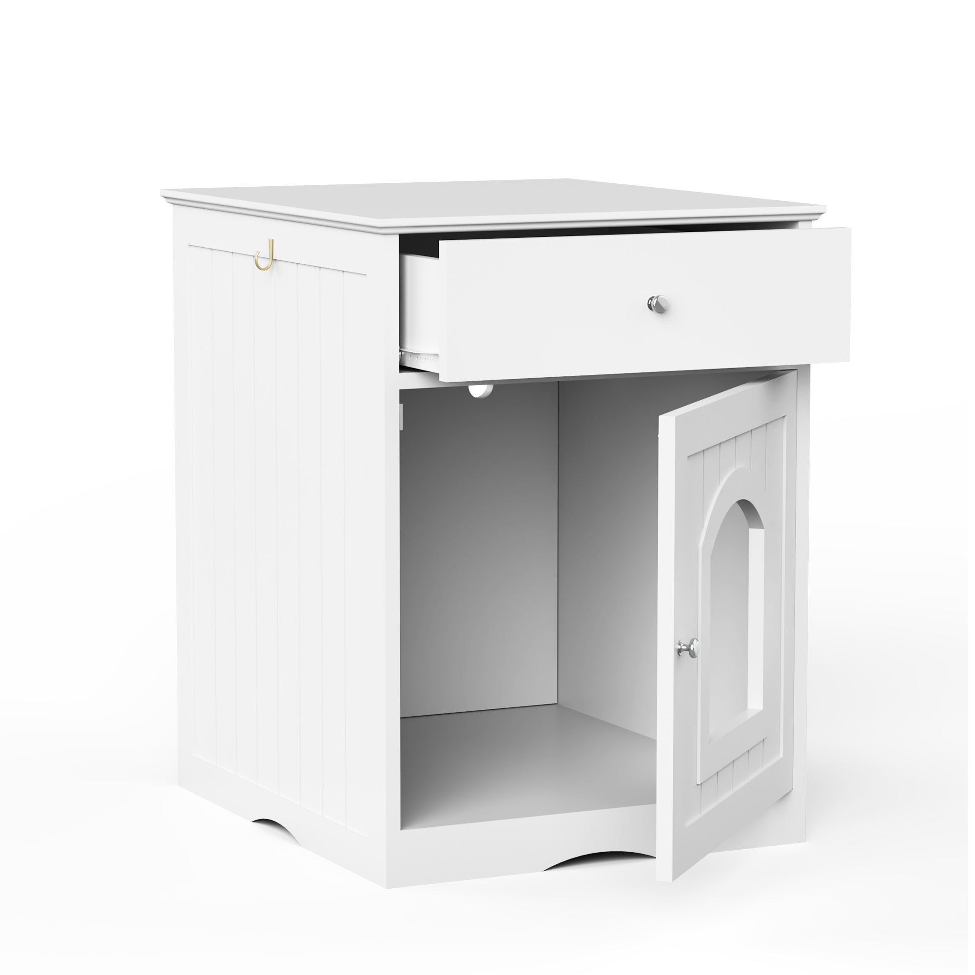 White wooden cat litter box enclosure with open interior and side access door