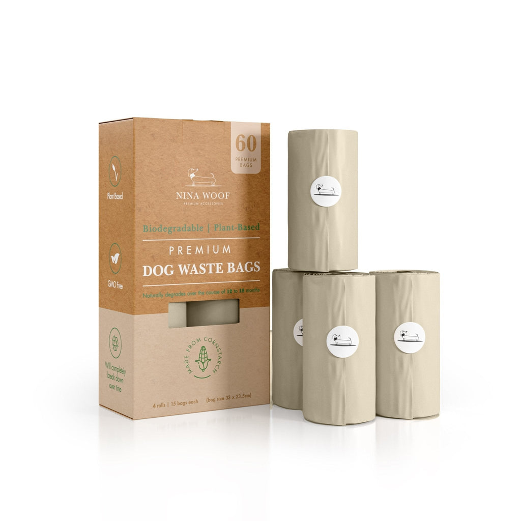 Biodegradable dog waste bags set with kraft box marked 60 and grey roll bags.