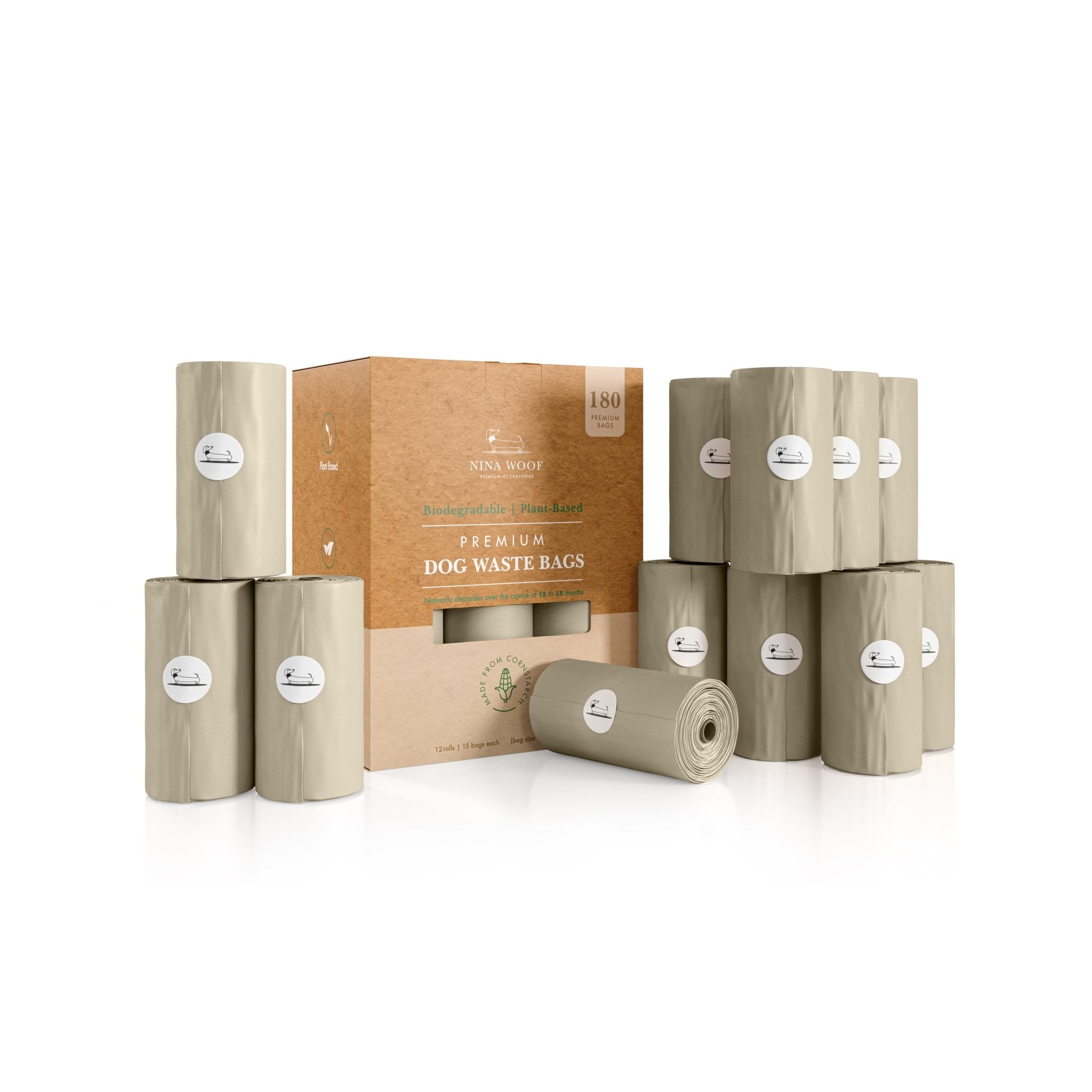 Biodegradable dog waste bag rolls with cardboard box, taupe-brown and tan packaging