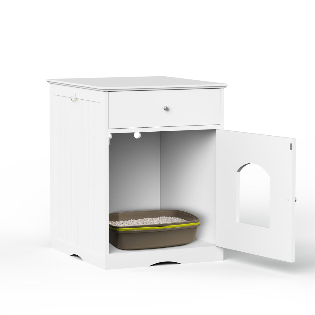 White wooden cat litter box enclosure with open drawer and enclosed litter tray