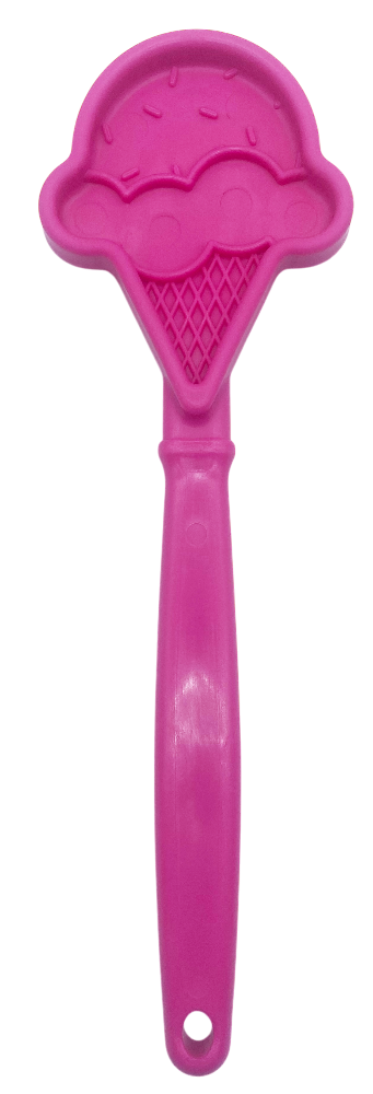 Pink hand-held lick stick shaped like an ice cream cone with textured surface
