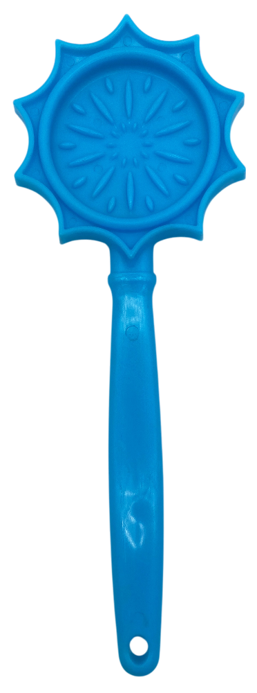 Blue hand-held lick stick with starburst textured head and long handle