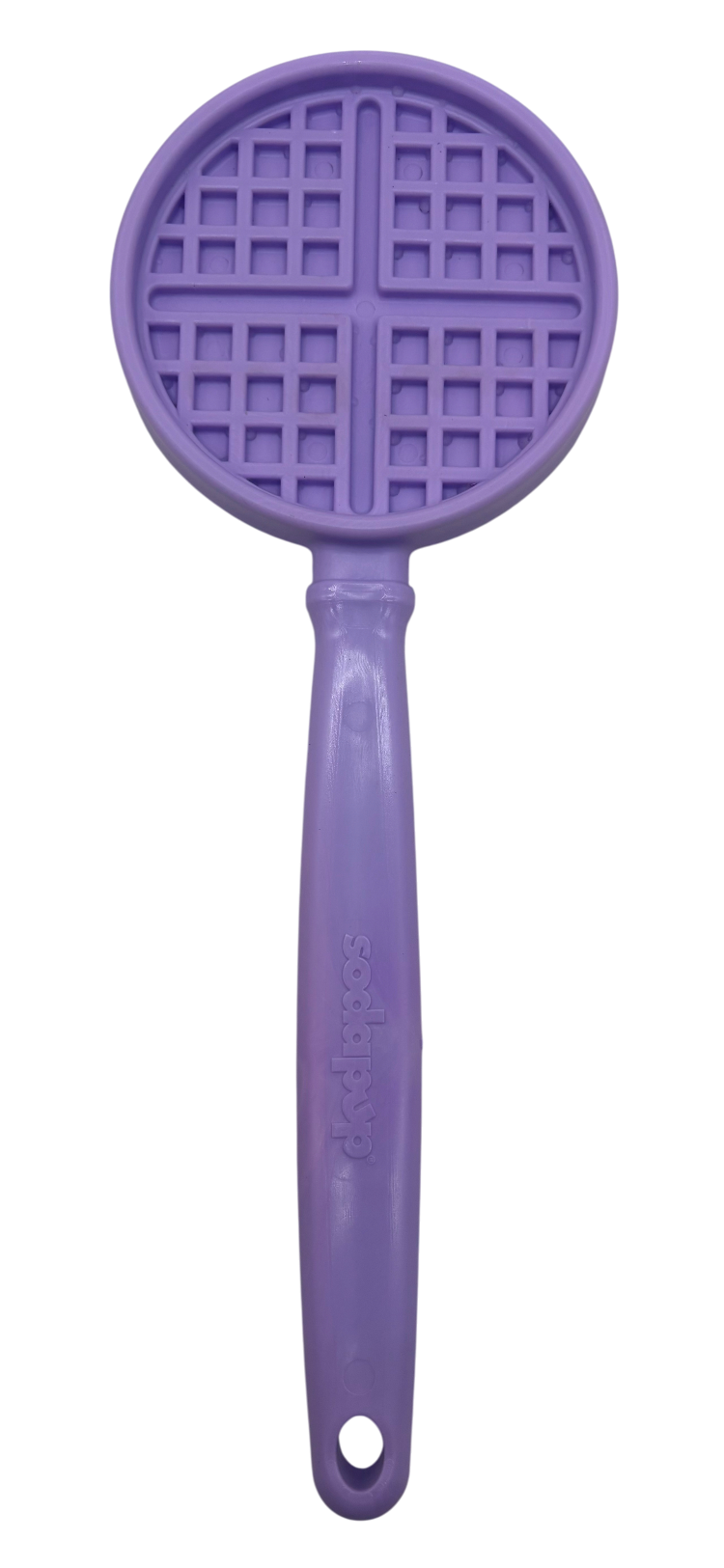Light purple hand-held lick stick with waffle-style texture on a round head