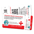 Pet ID wallet card with QR code, emergency notice, red cross, and hotline number