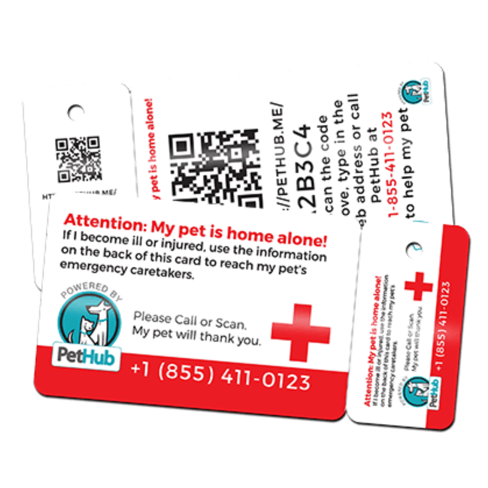Pet ID wallet card with QR code, emergency notice, red cross, and hotline number