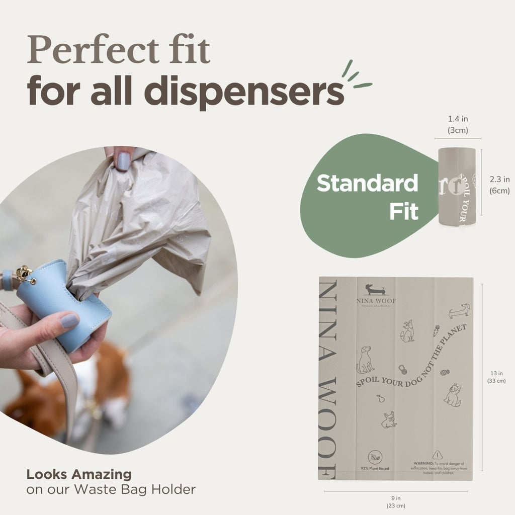 Biodegradable dog waste bags in dispenser-ready rolls; fit size notes shown on packaging.