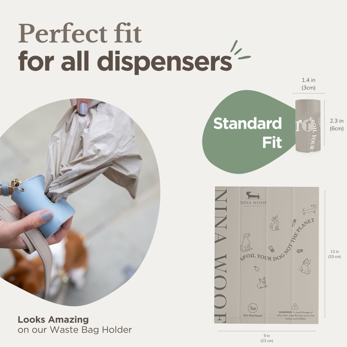 Biodegradable dog waste bags in dispenser-ready rolls; fit size notes shown on packaging.