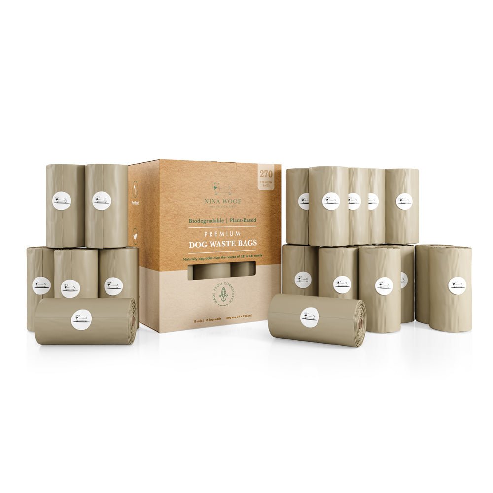 Biodegradable dog waste bag rolls and cardboard box, taupe-brown packaging
