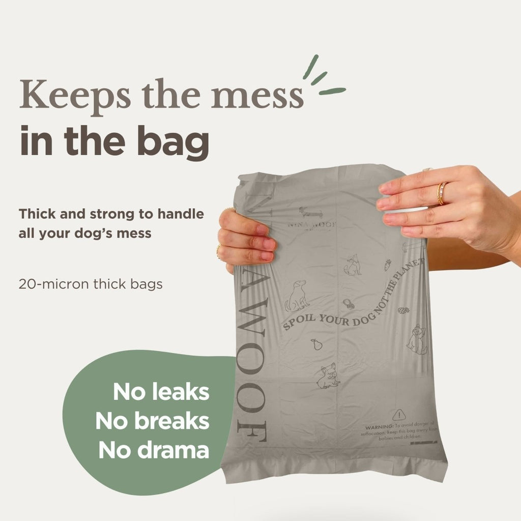 Thick biodegradable dog waste bag held upright; designed to prevent leaks.
