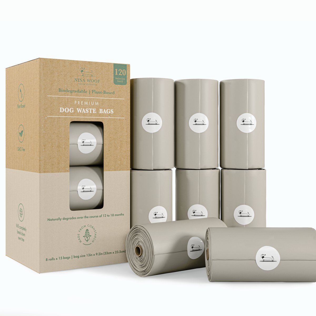 Biodegradable dog waste bag rolls with cardboard box, taupe-brown rolls and tan box