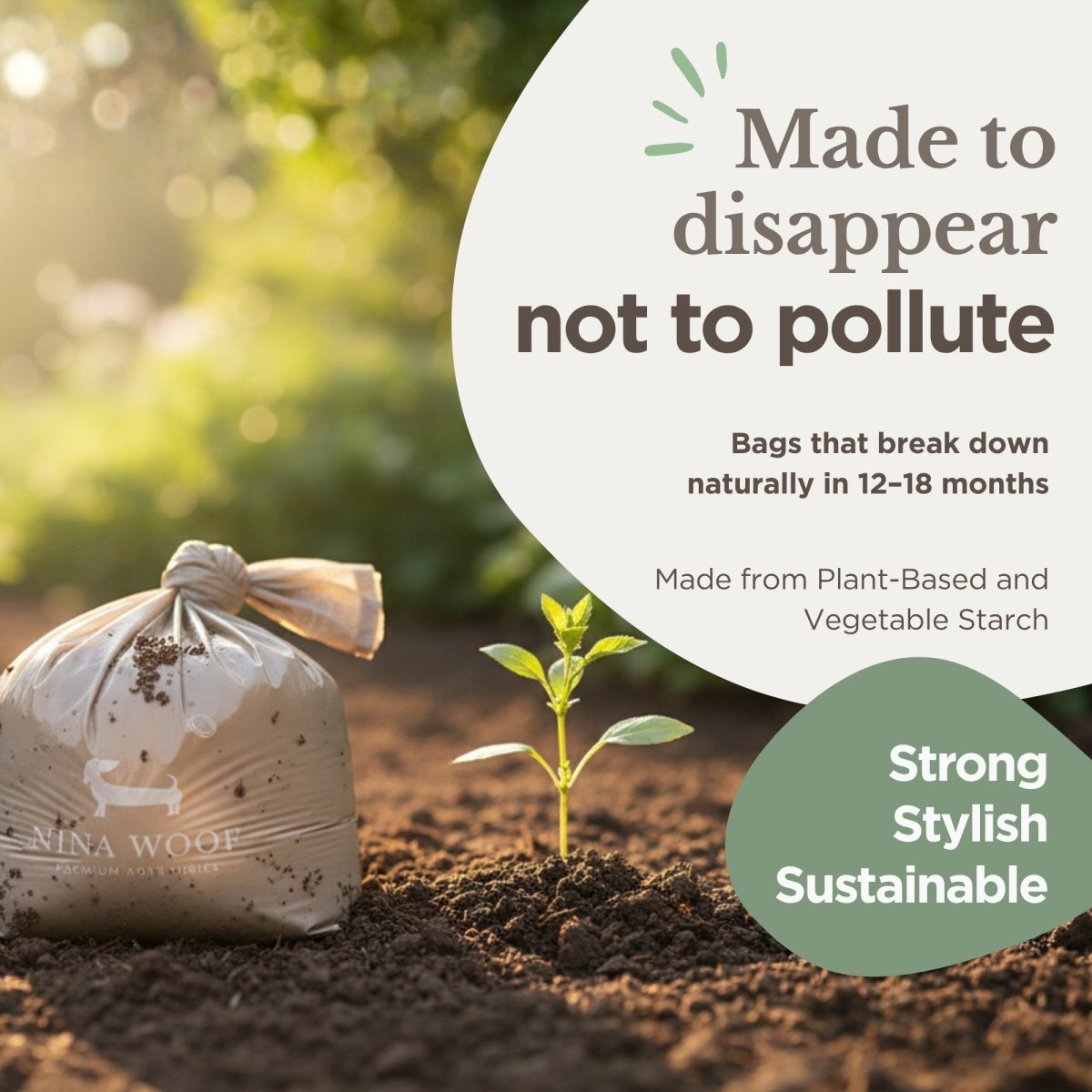 Biodegradable dog waste bag on the ground next to a small plant sapling.