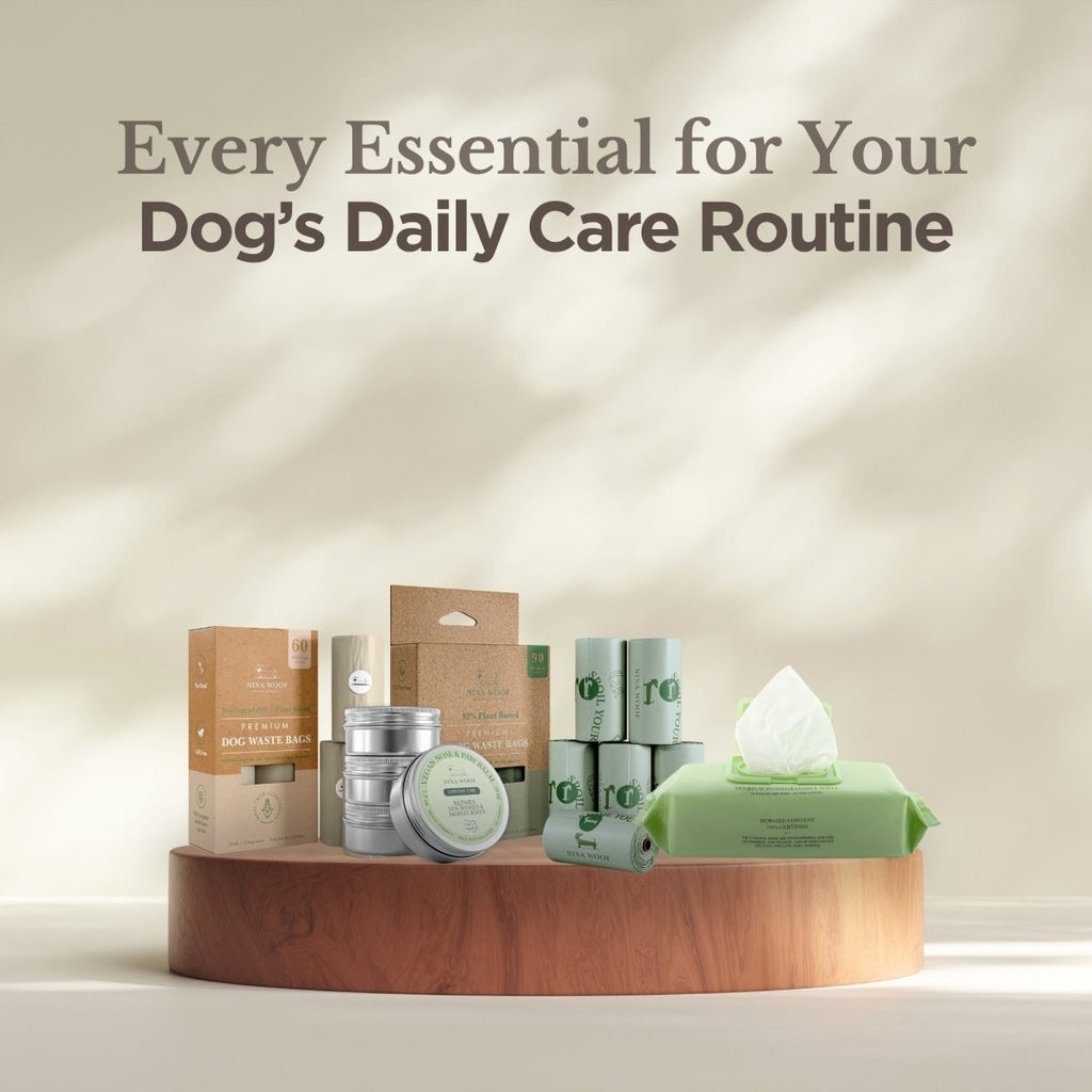 Biodegradable dog waste bag box and multiple grey rolls on a wooden display stand.