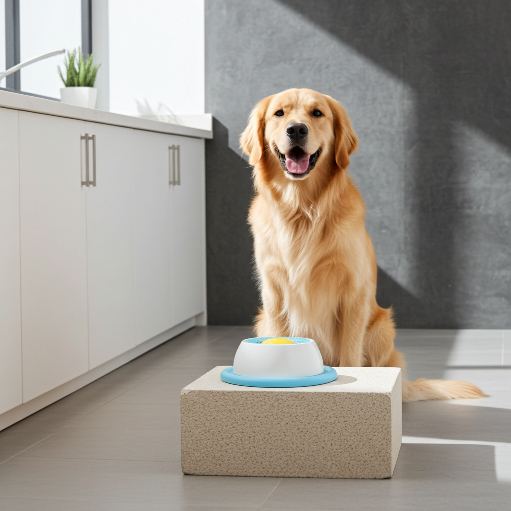Slow feeder dog bowl with blue base and white ridged insert on floor